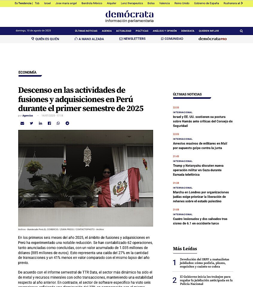 Descenso en las actividades de fusiones y adquisiciones en Per durante el primer semestre de 2025